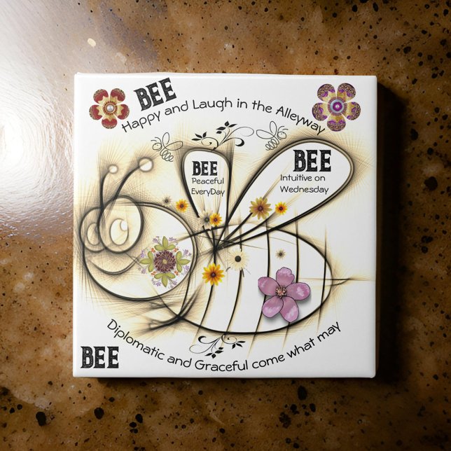 Lycklig Bee Ord Flowers Positive Ceramic Tile Kakelplatta (Skapare uppladdad)