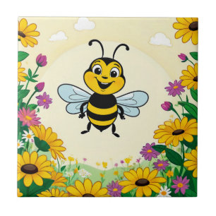 Lycklig Bin i färgade blommor Kakelplatta