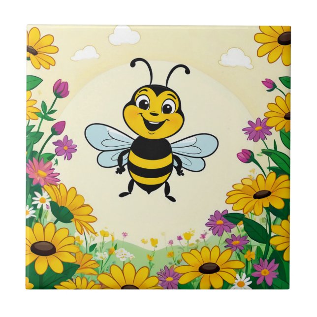 Lycklig Bin i färgade blommor Kakelplatta (Framsidan)