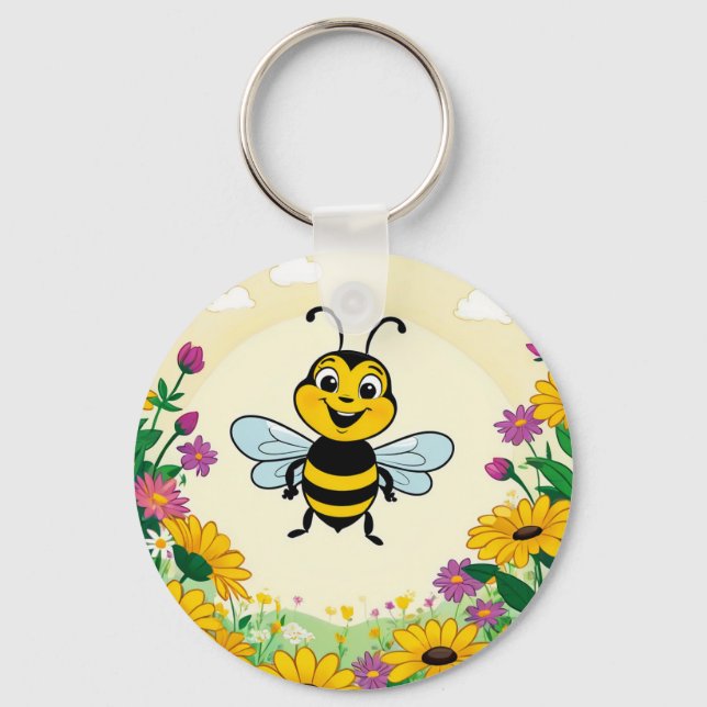 Lycklig Bin i färgade blommor Nyckelring (Framsida)