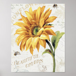 Lycklig Bin och Gult Solblommor Poster