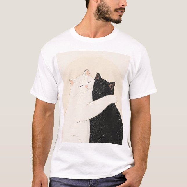 Lycklig Black and White Cat Hug T Shirt (Framsida)