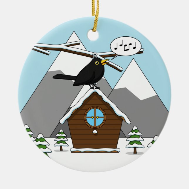 Lycklig Blackbird Singing in Winter Ligcape Julgransprydnad Keramik (Framsidan)