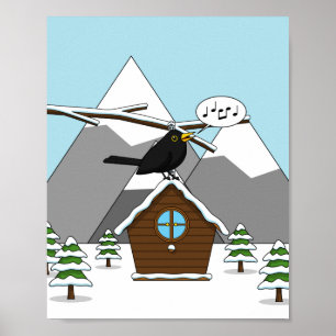 Lycklig Blackbird Singing in Winter Ligcape Poster