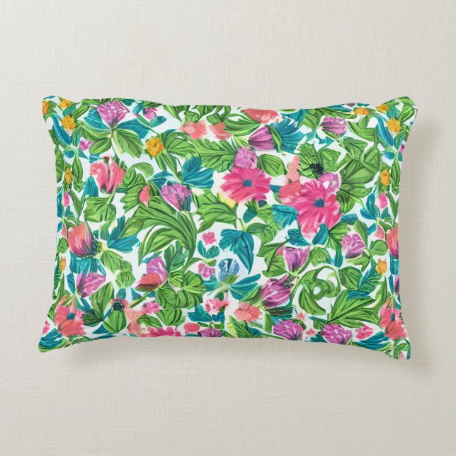 Lycklig-blommigten för trädgårdsgrönt och rosa prydnadskudde (Baksidan)