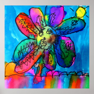 Lycklig Blommor barn art penna och bläck rosa och Poster
