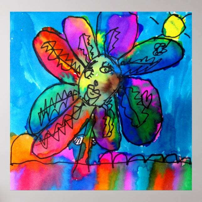 Lycklig Blommor barn art penna och bläck rosa och  Poster (Framsidan)