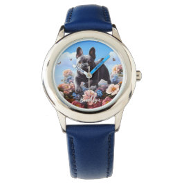 Lycklig Blue Fransk Bulldog & Flowers Armbandsur