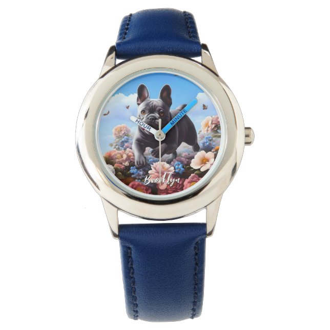 Lycklig Blue Fransk Bulldog & Flowers Armbandsur (Framsida)