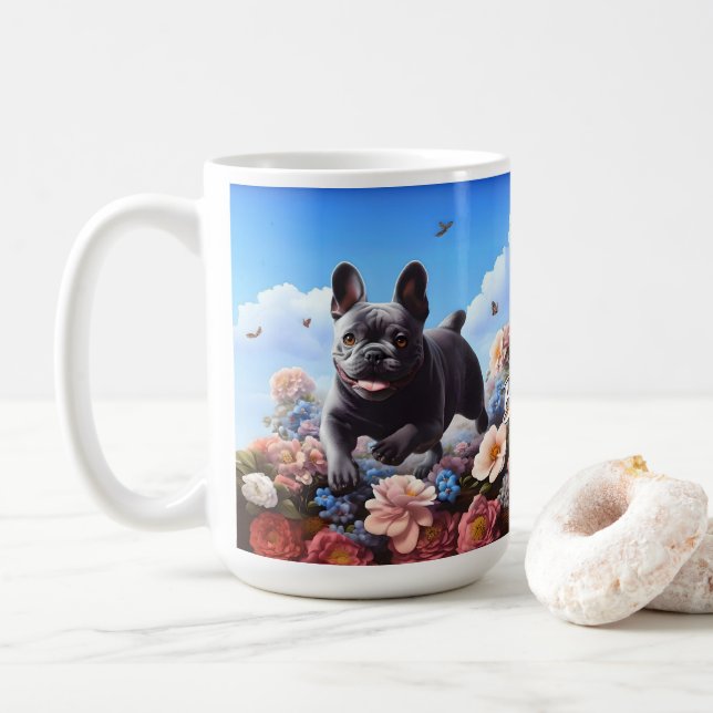 Lycklig Blue Fransk Bulldog & Flowers Kaffemugg (Med munk)