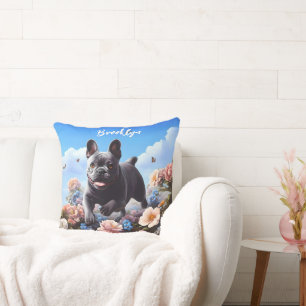 Lycklig Blue Fransk Bulldog & Flowers Kudde