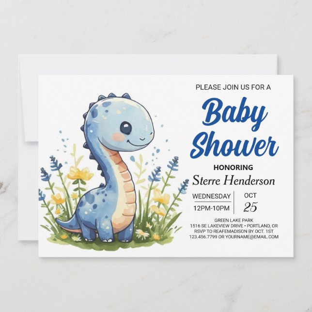 Lycklig Blue Funny Dinosaur Boy Shower Inbjudningar (Framsida)