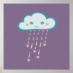 Lycklig Blue Rain Cloud Raining Rosa Hjärtat Poster