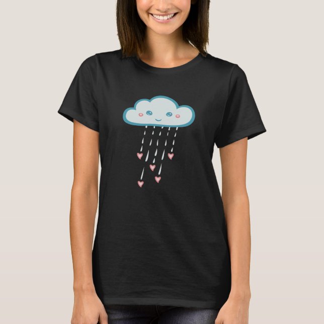 Lycklig Blue Rain Cloud Rining Rosa Hearts Tee Shirt (Framsida)
