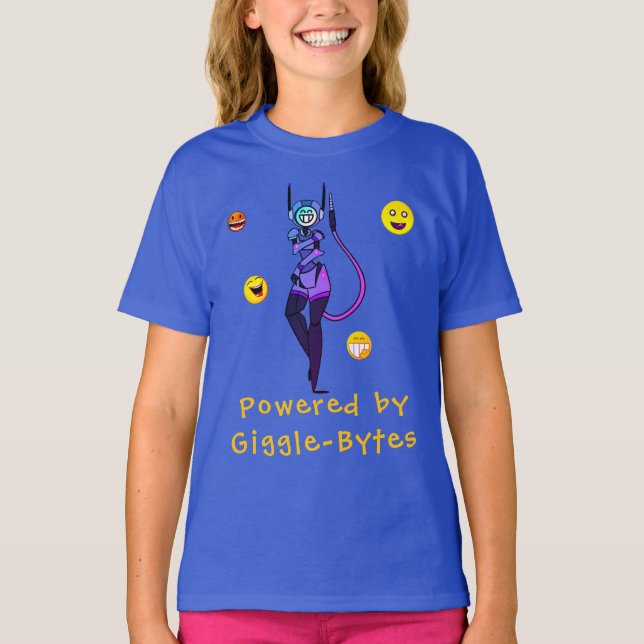 Lycklig Blue Robot Giggle Roligt T-Shirt (Framsida)