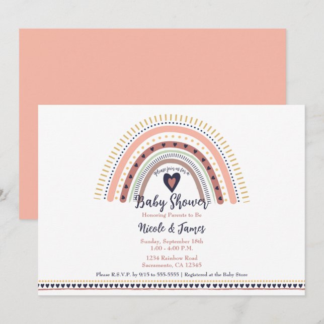 Lycklig Boho Rainbow Modern Baby Shower Inbjudningar (Fram/baksida)