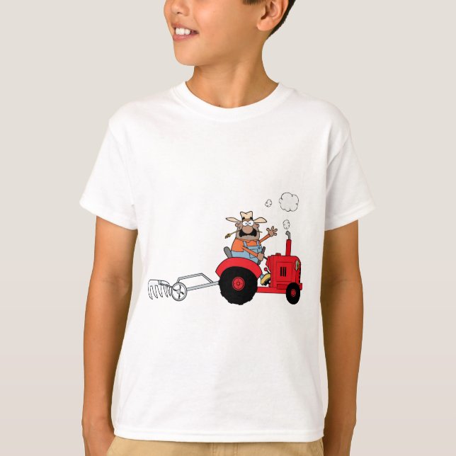 Lycklig bonde som använder en traktor tee (Framsida)