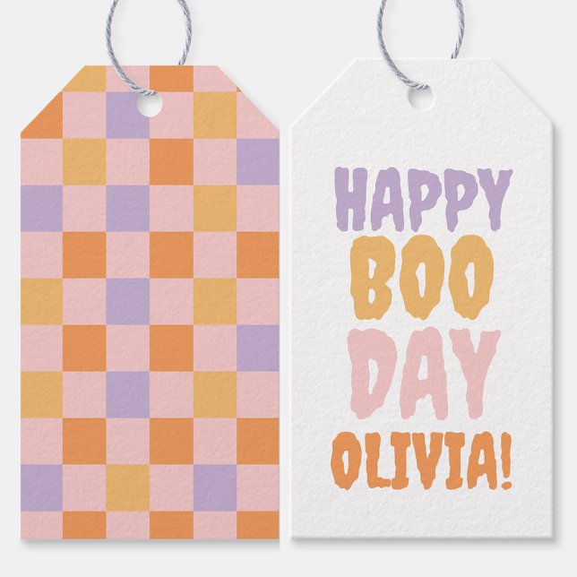 Lycklig Boo Day Checkered Halloween Presentetikett (Skapare uppladdad)