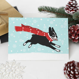 Lycklig Boston Terrier Winter Snö jul Helgkort