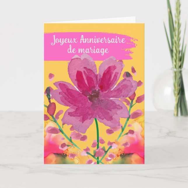 Lycklig Bröllop-årsdagen i Fransk med blommor Kort (Framsida)