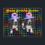 Lycklig Brother Birthday Basset med vykort<br><div class="desc">Grattis på födelsedagen Brother med vykort - 2 basspår efter stjärnor med stjärnhattar</div>