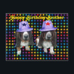 Lycklig Brother Birthday Basset Vykort<br><div class="desc">Grattis på födelsedagen Brother med vykort - 2 basspår efter stjärnor med stjärnhattar</div>
