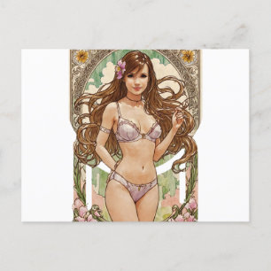 Lycklig Brunette V2 Mucha Stil Art Helg Vykort