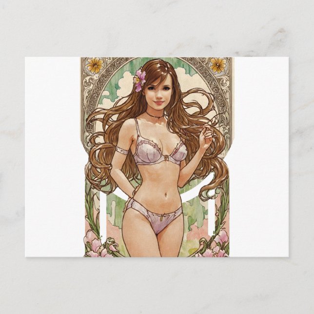 Lycklig Brunette V2 Mucha Stil Art Helg Vykort (Framsida)