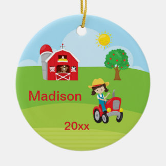 Lycklig brunt för djur för traktor för julgransprydnad keramik