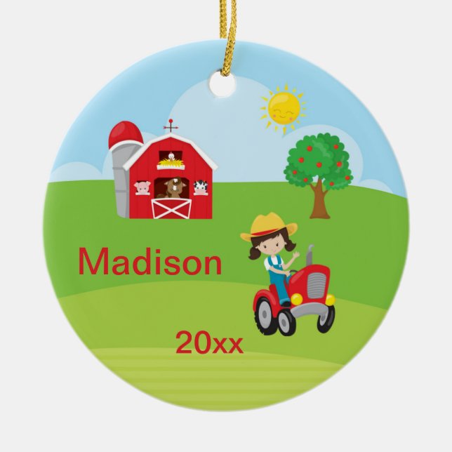 Lycklig brunt för djur för traktor för julgransprydnad keramik (Framsidan)