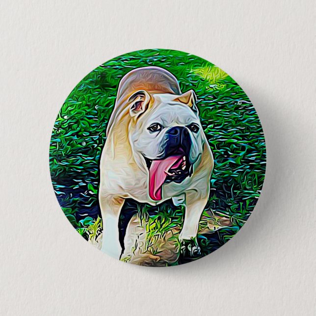 Lycklig bulldog stiliserad pet porträtt knapp (Framsida)
