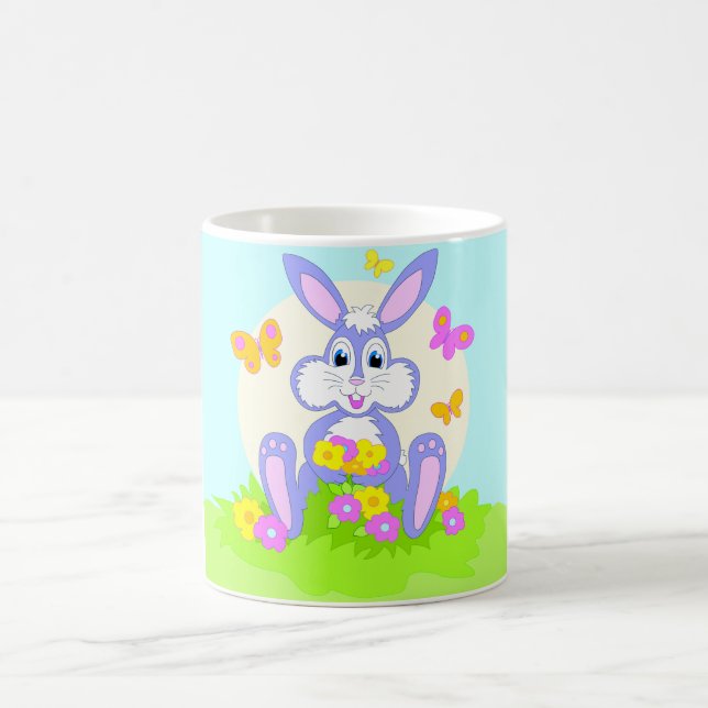 Lycklig Bunny Butterflies Flowers Cute Lila Rabbit Kaffemugg (Center)
