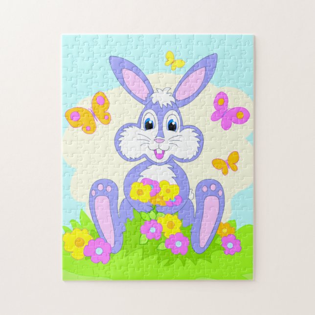 Lycklig Bunny Butterflies Flowers Cute Lila Rabbit Pussel (Vertikal)