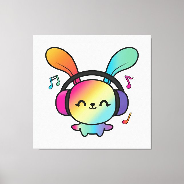 Lycklig Bunny med hörlurar som lyssnar på musik. Canvastryck (Framsida)
