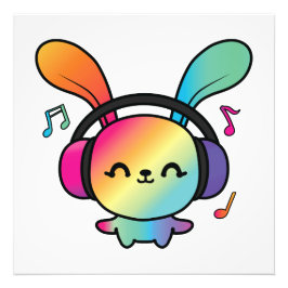 Lycklig Bunny med hörlurar som lyssnar på musik. Fototryck