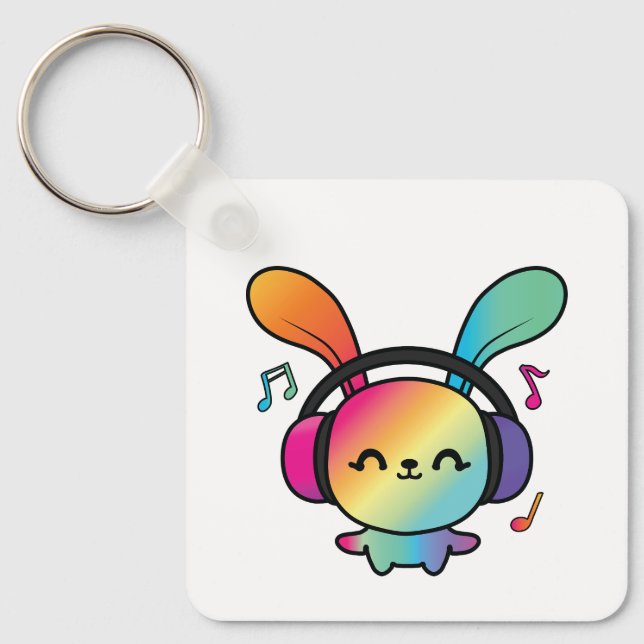 Lycklig Bunny med hörlurar som lyssnar på musik. Nyckelring (Framsida)