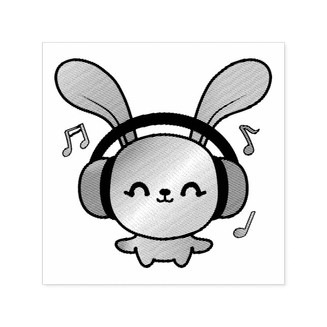Lycklig Bunny med hörlurar som lyssnar på musik. Självfärgande Stämpel (Design)