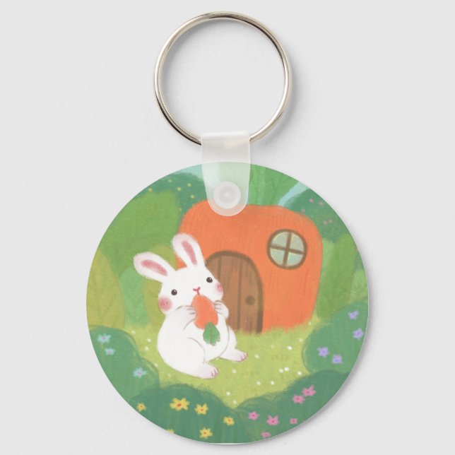 Lycklig Bunny med morot i skogen Nyckelring (Framsida)