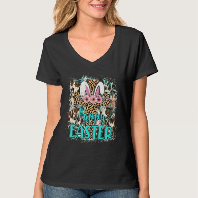 Lycklig Bunny Påsk Leopard Kor med blommor 1 T Shirt (Framsida)