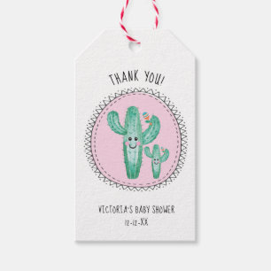 Lycklig Cactus Momma och Baby med maraca rattle Presentetikett