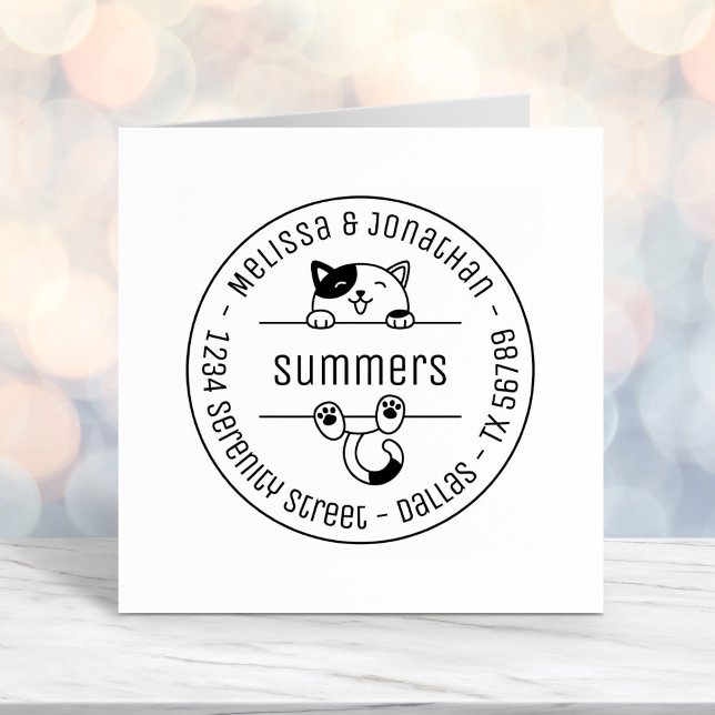 Lycklig Calico Cat lite familjerunda Adress Självfärgande Stämpel (Skapare uppladdad)