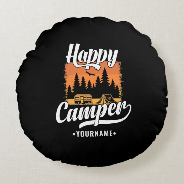 Lycklig Camper Camping Hiking Travel Caravan Life Rund Kudde (Framsidan)