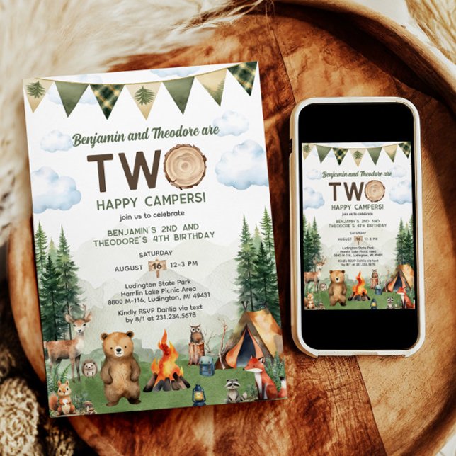 Lycklig Camper Dual Joint Dubbla Birthday Inbjudningar (Happy Camper Dual Joint Double Birthday Invitation
)