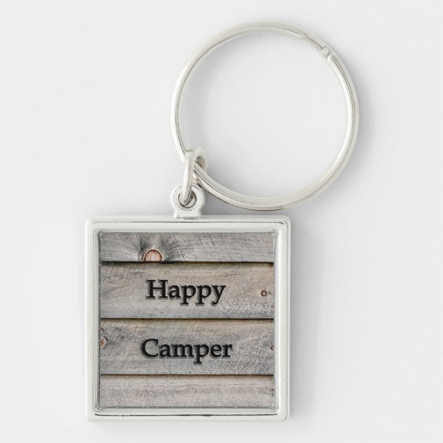 Lycklig Camper Fyrkantig Silverfärgad Nyckelring (Framsidan)