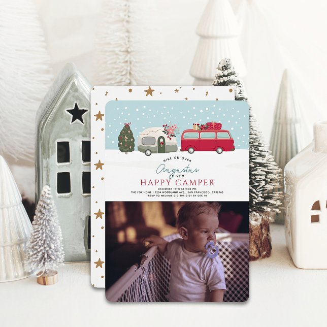 Lycklig Camper-julblått 1:a födelsedagsfoto Inbjudningar (Skapare uppladdad)