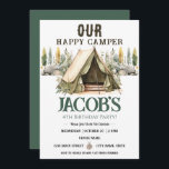 Lycklig Camper Kids 4e födelsedagen Inbjudningar<br><div class="desc">Roligtens neutralt temat camping-födelsedagspungar party. Tillgänglig som digital nedladdningsutskrift. Underbar för vilken säsong som helst. Låt oss bygg en roligt till din lilla på deras födelsedag! Anpassningsbar,  personlig,  redigerbar elektronisk nedladdning av vattenfärgen tält,  träd,  skog,  komass,  äventyr börjar,  lycklig-kamper</div>