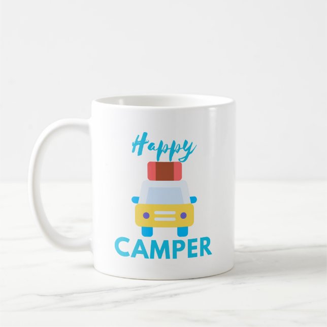 Lycklig Camper med Gult/vit bil med resgods Kaffemugg (Vänster)