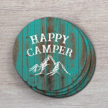 Lycklig Camper Mountain Äventyr Teal Barn Camping Underlägg Papper Rund<br><div class="desc">Lycklig Camper Rustic Mountain Äventyr Teal Barn Wood Camping Underlägg.</div>