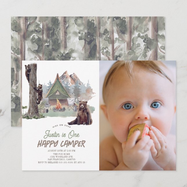 Lycklig Camper Mountain Bears Boy 1st Birthday Inbjudningar (Fram/baksida)