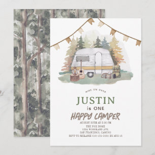 Lycklig Camper Mountain Forest Boy 1st Birthday Inbjudningar
